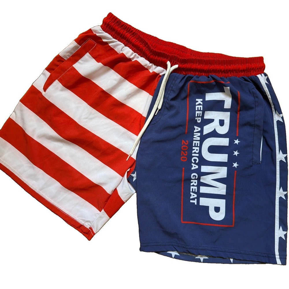 Trump MAGA Swim Trunks Shorts KEEP AMERICA GREAT USA FLAG Men's L Bathing Suit